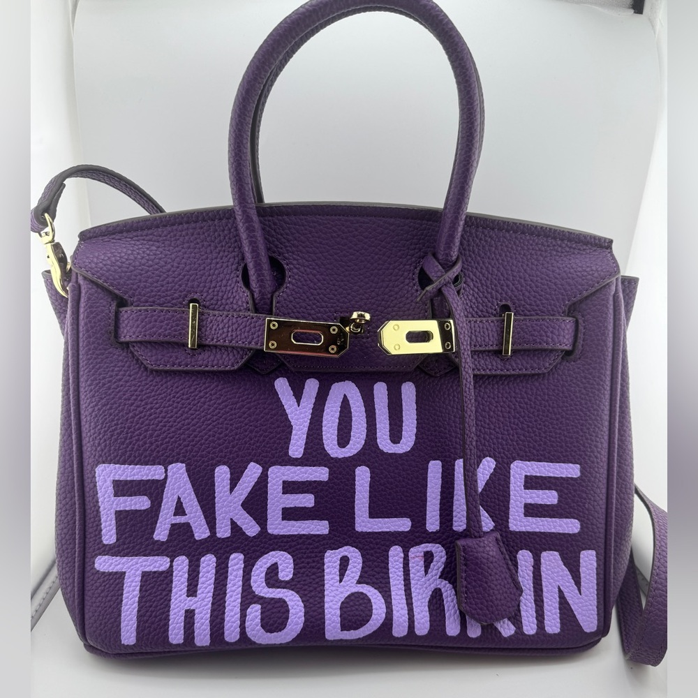 Purple Leather Satchel with Graffiti Text — Top Handle Shoulder Bag